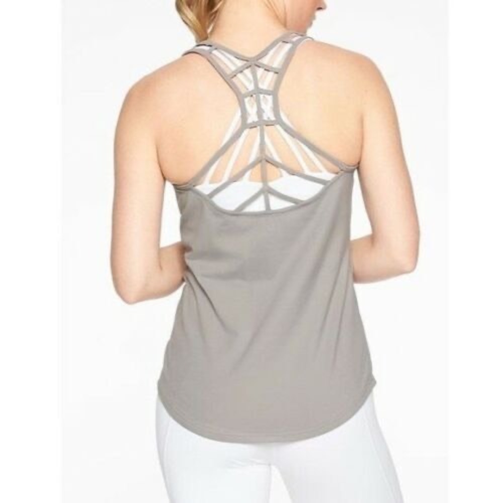Athleta Halasana Cage Back Macrame Tank Gray Small Yoga‎ Pilates Athleisure FA18